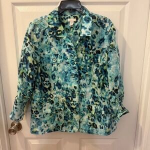 Chico's Size 2 / L Blue Green Animal Print Safari Button Up Lightweight Jacket
